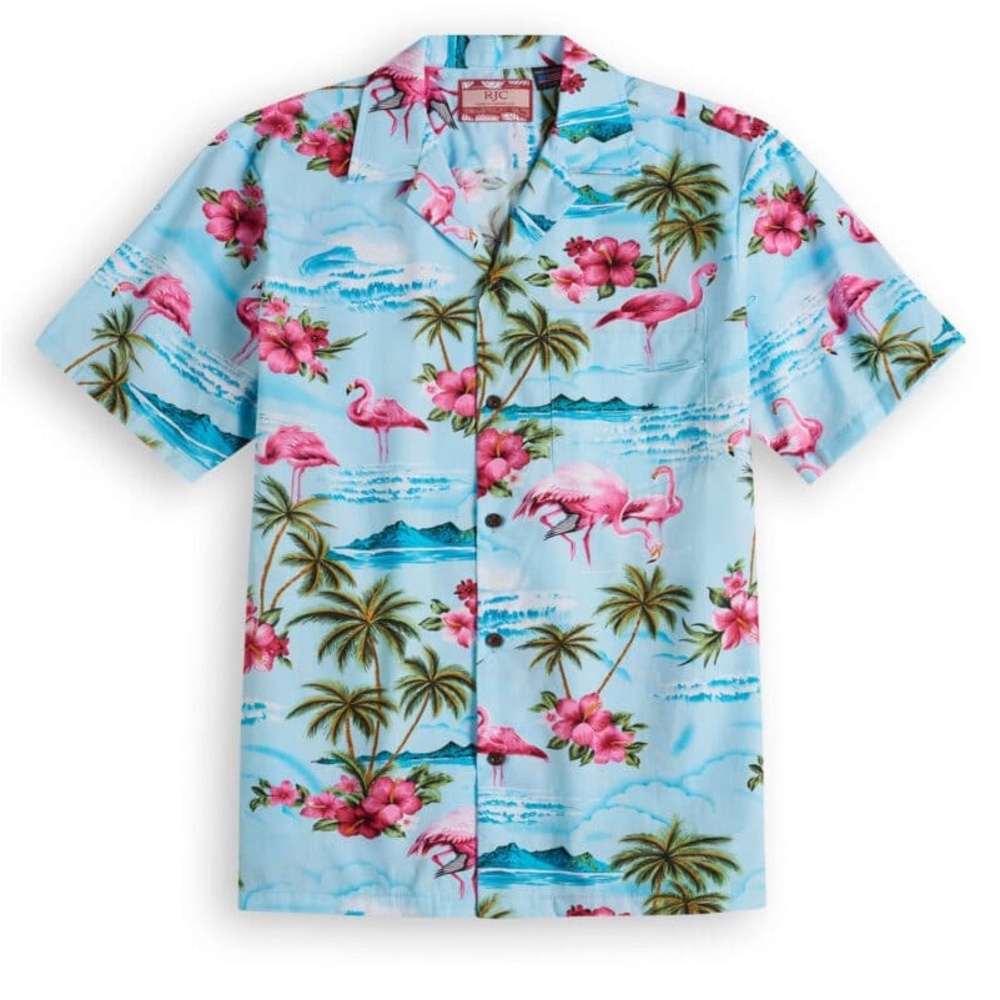 RJC NWT Tropical Flamingos Men's Shirt XL Light Blue Button Down Short Sleeves